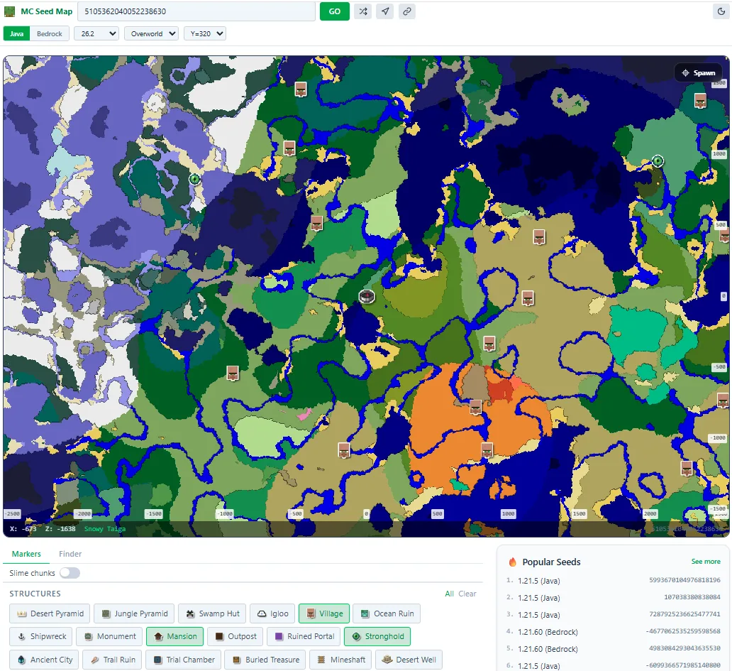 MC Seed Map showing a Java 26.2 world with colorful biomes, a Spawn marker, villages, and structure filters