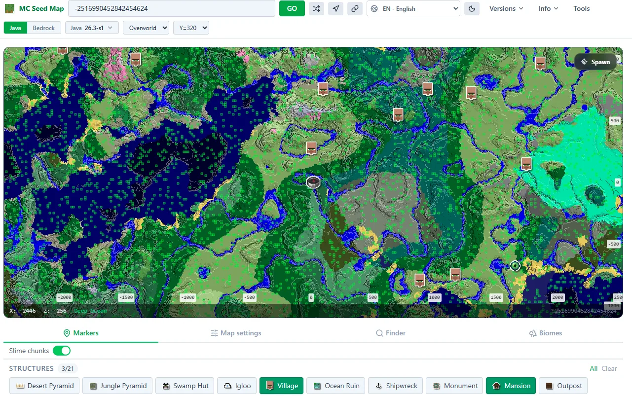 Minecraft Java slime chunk finder showing green slime chunk squares over a seed map